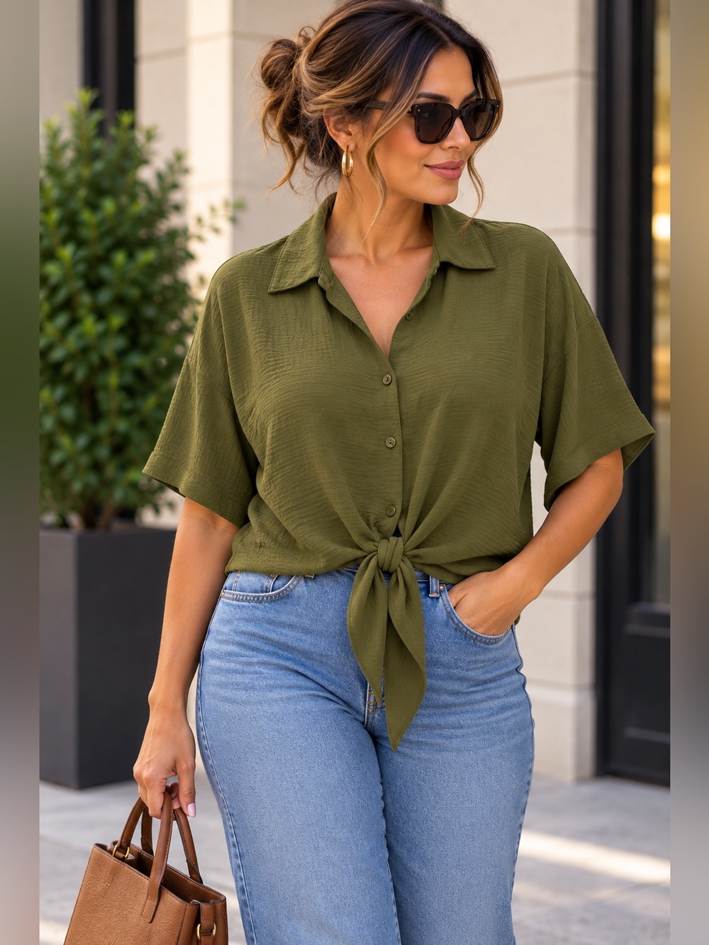 Tamara H. Olive Green Tie-Front Button-Up Blouse Size L